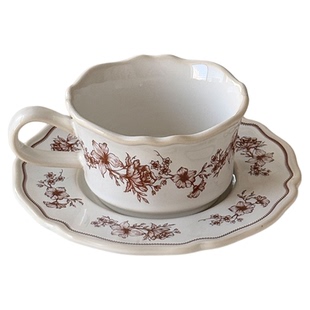 中古风棕木槿花边陶瓷咖啡杯碟复古拉花拿铁杯下午茶水杯小众礼物