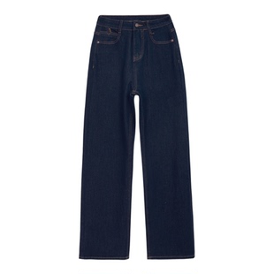 加绒保暖高腰窄版阔腿牛仔裤女深蓝色垂顺遮肉宽松直筒长裤子冬季