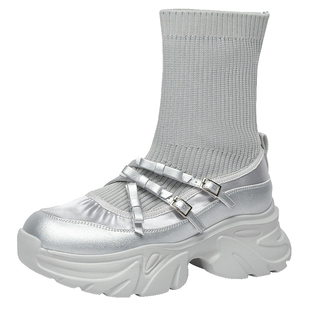 戈美其2025新款厚底弹力袜靴女拼接针织玛丽珍显瘦秋冬短靴瘦瘦靴