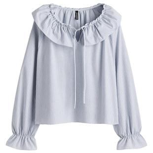 HM女装衬衫夏季圆领娃娃领宽松花苞袖衬衣长袖上衣1308494