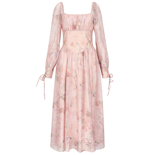 从那以后法式高级感连衣裙长款长袖裙子碎花裙粉色礼服长裙女早秋