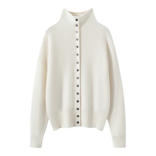 七针双股加厚100%纯山羊绒系扣高领开衫女时尚百搭单排扣外套上衣