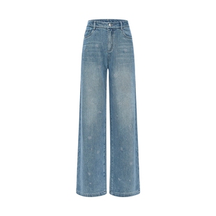 LILY2026春新款女装复古通勤小个子高腰宽松直筒阔腿裤浅色牛仔裤