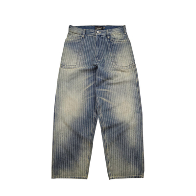 西里布复古宽松条纹牛仔工装裤