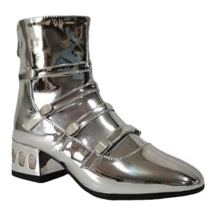 金色银色亮漆皮粗跟短靴马丁靴小码模特走秀比赛舞台表演小黑靴子