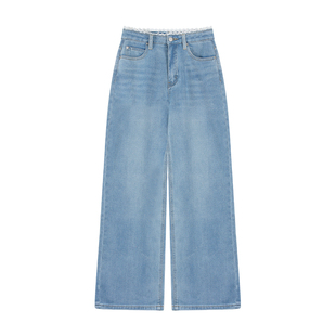 pusumede 唤醒活力 蕾丝花边牛仔裤女阔腿裤宽松直筒休闲裤长裤