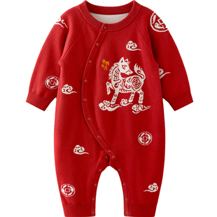 微狮牧尼婴儿红色连体衣针织毛衣马宝宝满月拜冬年服喜庆新年外出