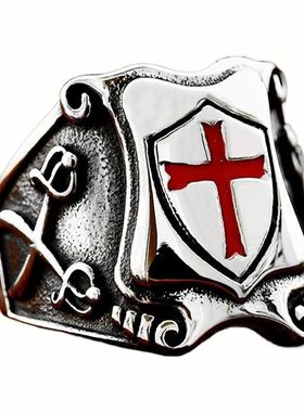 潮男钛钢圣殿骑士十字架盾牌戒指
