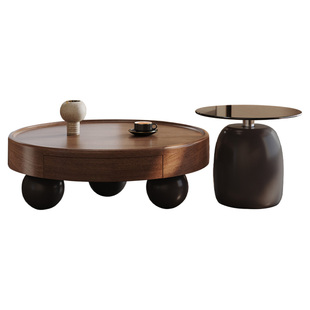 意式圆形实木茶几组合家用客厅小户型北美胡桃木圆茶几简约现代风