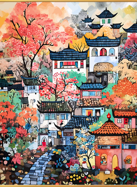数字油画diy填充画画填色2024新款丙烯油彩画手工高级感像素山城