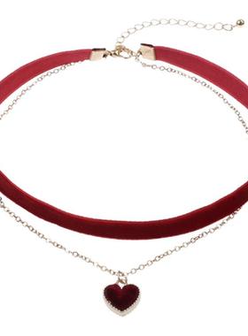 圣诞红丝绒爱心双层锁骨链
