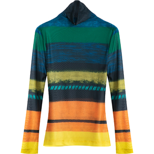 稀有概率 流动色阶 原创设计印花网纱上衣女秋冬高领内搭打底衫