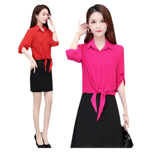 夏季新款衬衫女网红短款单排扣领系小披肩配裙子旗袍的雪纺小外搭