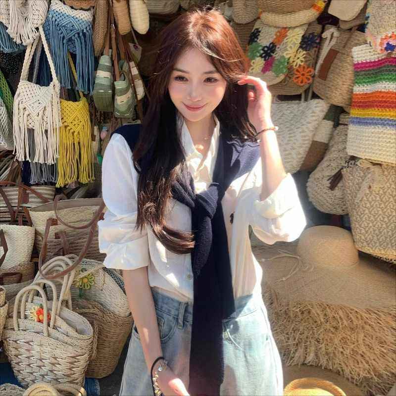 藏蓝色韩系披肩配衬衫早秋青色薄款旅游外搭办公室空调房新品罩衫