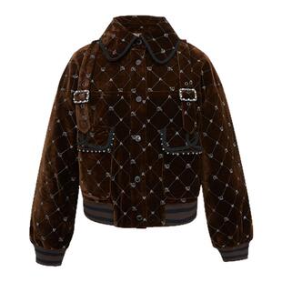 LULUALWAYS我爱露露新款时尚翻领绣花咖色女短款棉外套