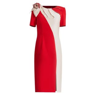 创意狐红色晚礼服高端晚宴会年会主持人礼裙中长款演出服连衣裙女