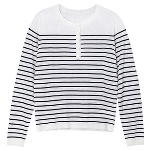 大洪洪【英伦范儿】春款羊毛混纺条纹针织衫女圆领单排扣内搭上衣