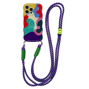 多巴胺彩色笑脸适用于苹果17promax手机壳iphone16pro编织挂绳14promax斜挎13可背肩带12全包11女15pro防摔套