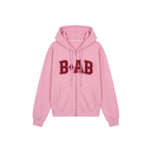 it b+ab 2026冬季桃红色字母刺绣连帽卫衣外套女抽绳拉链开衫上衣