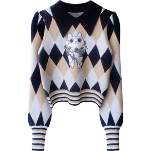 猫咪刺绣泡泡袖高级感高腰套头毛衣女秋冬保暖菱格打底针织衫上衣