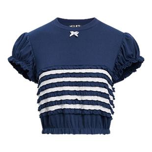 金靖同款cheap art label藏青色重工泡泡袖花边设计上衣女T恤新款