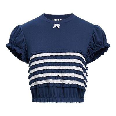 金靖同款cheap art label藏青色重工泡泡袖花边设计上衣女T恤新款