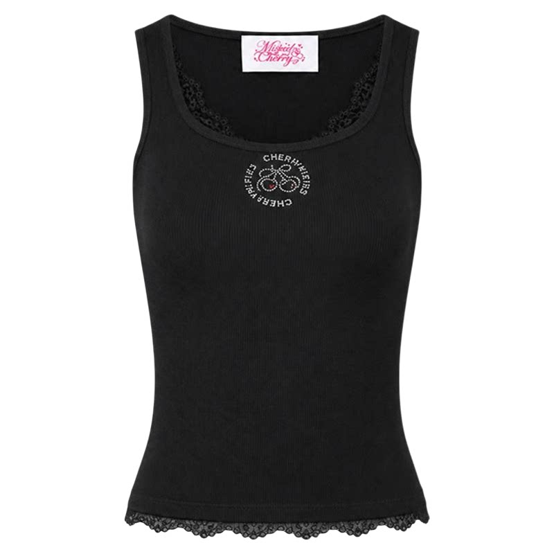 Misted Cherry修身蕾丝边樱桃烫钻背心女无袖内搭吊带打底衫
