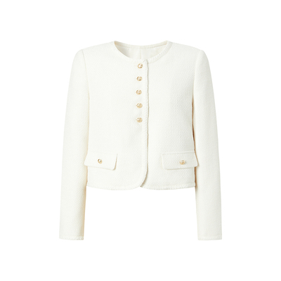 MOISSAC摩萨克秋款粗花呢圆领米白色优雅小香风短外套女