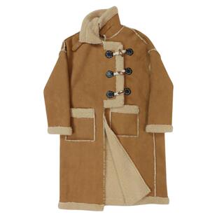 入冬韩系不规则牛角扣毛茸保暖麂皮羊羔毛棕色大衣外套