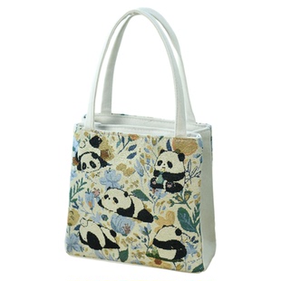 熊猫包帆布刺绣包提花手拎包上班族拉链款饭盒包装水杯雨伞平板包