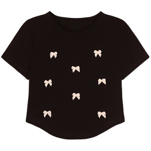 Amybaby女童上衣女2025新款儿童小众蝴蝶结甜美短款显瘦短袖T恤