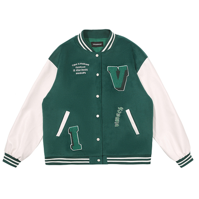 宽松棒球服毛巾绣设计pu拼接