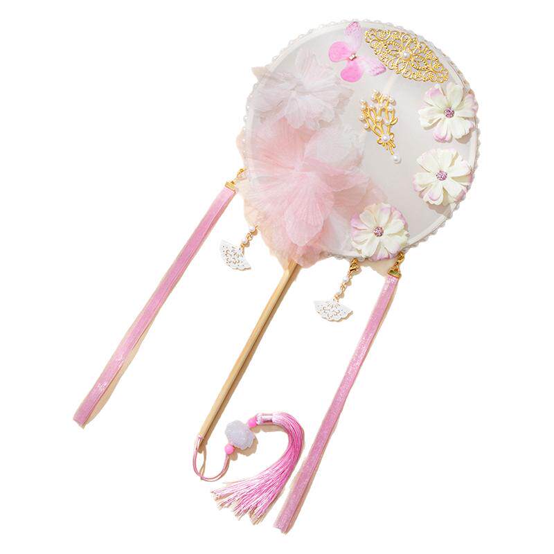 古风长柄汉服绢花花朵圆扇