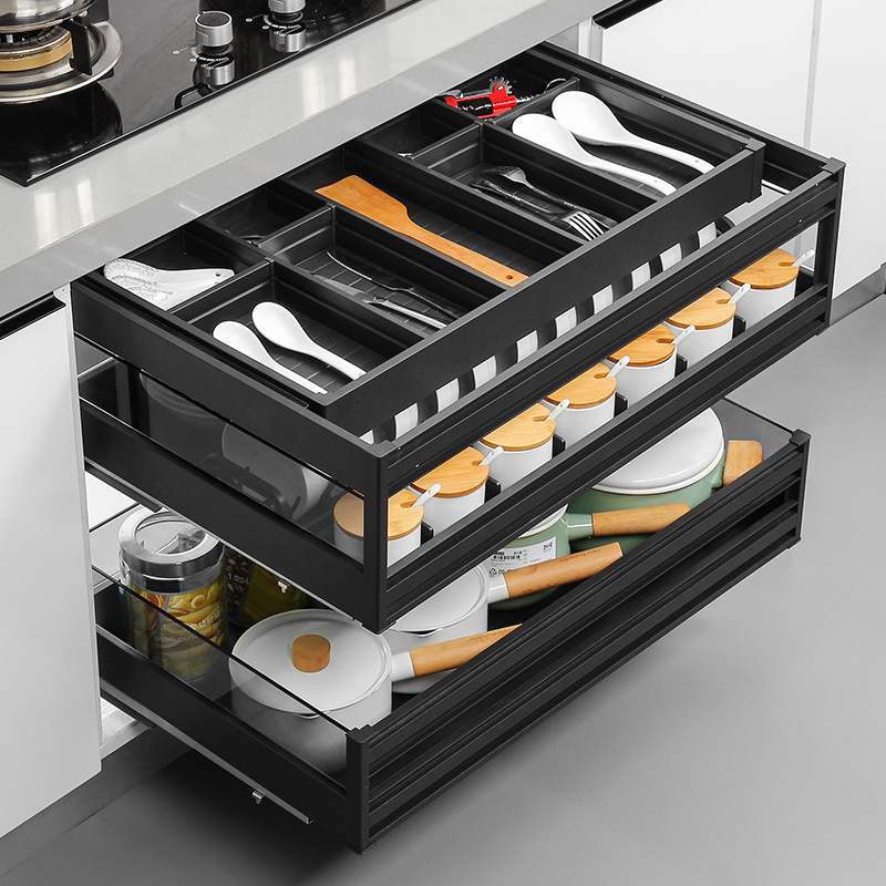 拉篮厨房橱柜三层抽屉式碗架铝合金抽中抽碗碟篮内置收纳碗柜碗篮