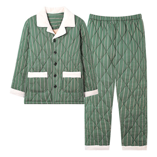 男士睡衣纯棉秋冬款三层夹棉加厚冬季加大码保暖家居服套装可外穿