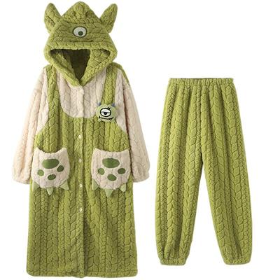 珊瑚绒睡衣女秋冬季睡袍加厚套装