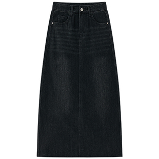 Halo Luu 复古黑色牛仔裙女秋冬水洗休闲显瘦长裙设计感a字半身裙