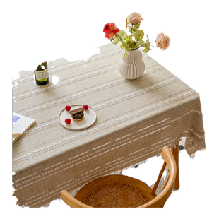 法式复古ins棉麻布艺餐桌布简约现代清新条纹刺绣装饰长方形台布