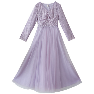 复古长袖连衣裙女秋季紫色长裙