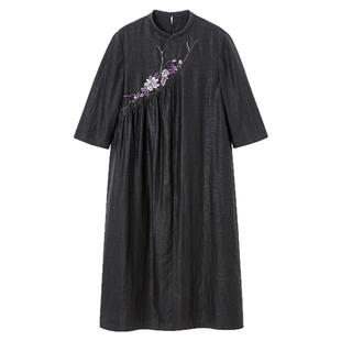 布小匠原创设计桑蚕丝龟纹香云纱撞色绣花改良旗袍女新中式连衣裙