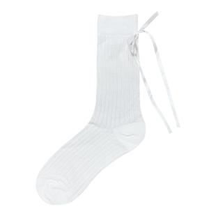 夏季miu芭蕾风后侧蝴蝶结中筒袜子女纯色竖条微透薄款小腿堆堆袜