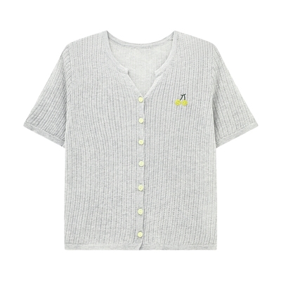 Basic House/百家好亚麻撞色刺绣针织开衫女夏季新款V领短袖上衣