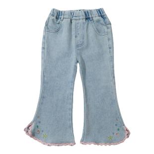 2025春季女童花边牛仔裤洋气女宝宝松紧带款微喇叭长裤甜美风舒适