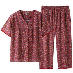 梭织棉纱布睡衣女夏季纯棉短袖七分裤夏天中年妈妈全棉夏款家居服