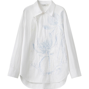 播商场同款中式洋气衬衫女春秋新款蓝色宽松刺绣衬衣BDS1CD1401