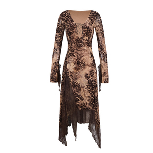 ITSNIKAR 法式v领豹纹连衣裙女初秋修身性感包臀裙蕾丝拼接长裙子