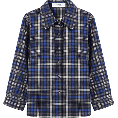 蓝格子九分袖合身衬衫