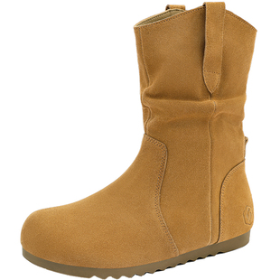 UBZ 防水褶皱堆堆靴女2026年春季新款真皮平底西部短靴勃肯马丁靴