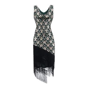 拉丁舞演出比赛服女高端成人亮片流苏V领无袖连衣裙摩登交谊舞服