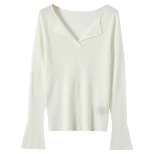 法式软糯半开V领毛衣内搭女秋冬春装气质显瘦针织上衣纯色打底衫